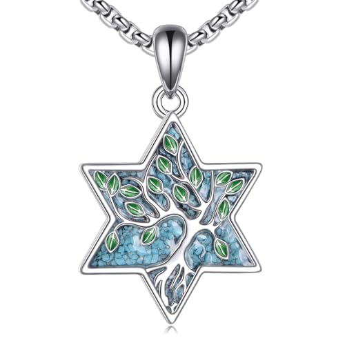 URONE Lebensbaum Kette 925er Sterlingsilber Davidstern Anhänger Türkis Halskette Jüdischer Stern Lebensbaum Schmuck Geschenke für Damen von URONE