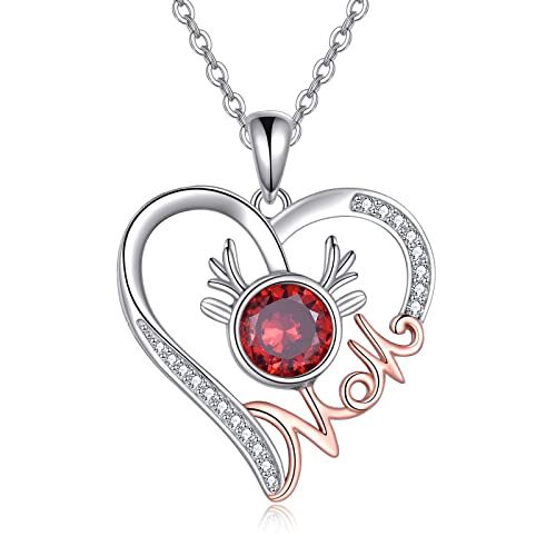 URONE Mama Halskette Sterling Silber mit rotem Zirkon Elch Herz Anhänger Weihnachten Geburtstag Schmuck Geschenke für Mama Großmutter von URONE