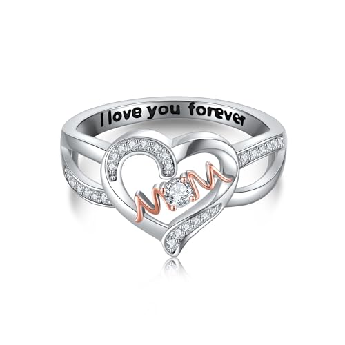 URONE Mama Rings Sterling Silver Mutter Rings Herz Mutti Rings Muttertagsgeschenk Geburtstag Schmuck Geschenke für Mutte Mama Nana Damen (size 18.14) von URONE
