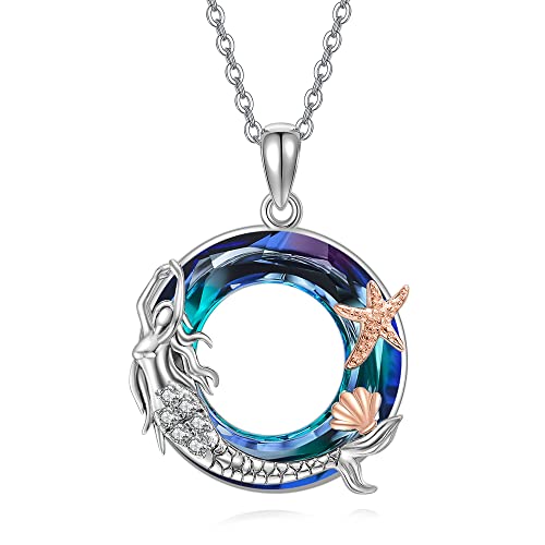 URONE Meerjungfrau Halskette Sterling Silber Meerjungfrau Seestern Kristall Anhänger Halskette Meerjungfrau Ozean Schmuck Geschenke für Frauen Mädchen von URONE