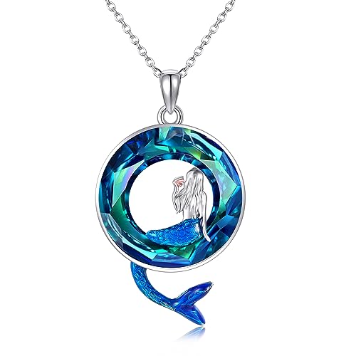 URONE Meerjungfrau Kette 925 Sterling Silber Meerjungfrau Kristall Anhänger Halskette Ozean Meer Schmuck Geschenke für Frauen Damen von URONE