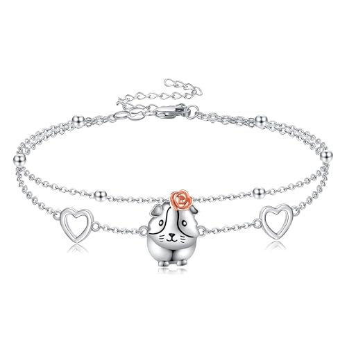 URONE Meerschweinchen-Armband Sterling-Silber Hamster-Armband mit Rosenblüten-Anhänger süßer Tierschmuck für Damen von URONE
