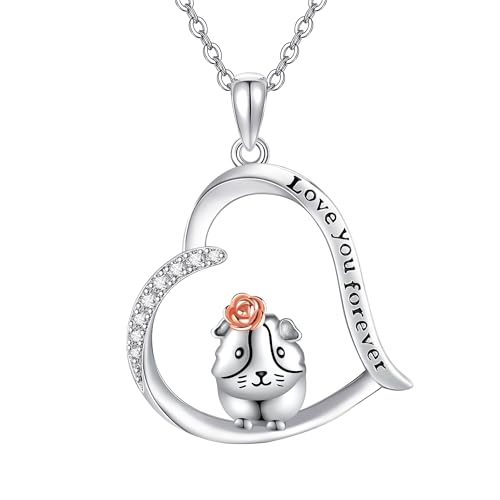 URONE Meerschweinchen-Halskette Sterlingsilber Hamster Rose Blume Herz-Anhänger Halskette niedlicher Tierschmuck Geschenke für Frauen und Mädchen von URONE