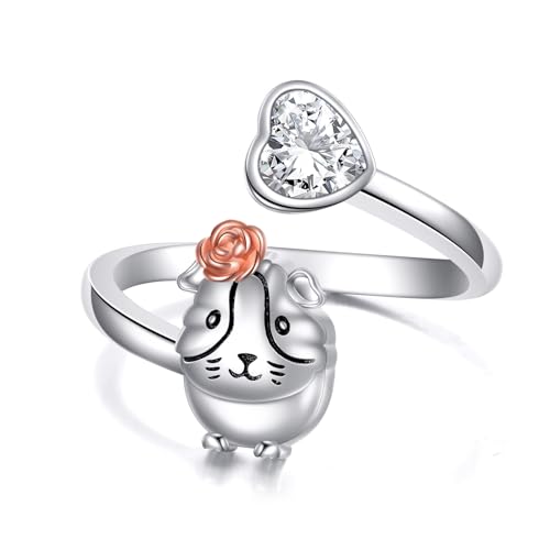 URONE Meerschweinchen-Ring Sterlingsilber Hamster-Herz Verstellbarer Offener Ring Süßer Tierschmuck Geschenke Für Frauen von URONE