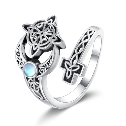 URONE Mond Hexen Knoten Ring 925 Sterlingsilber Keltischer Knoten Mondstein Offene Verstellbare Löffelringe Wicca Mond Schmuck für Damen Ring Größe 17 19 von URONE