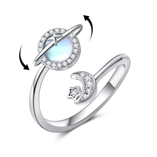 URONE Mond Saturn Angst Fidget Ring Sterling Silber Stern Planet Figet Spinning Ring Einstellbare Mondstein Schmuck für Frauen von URONE