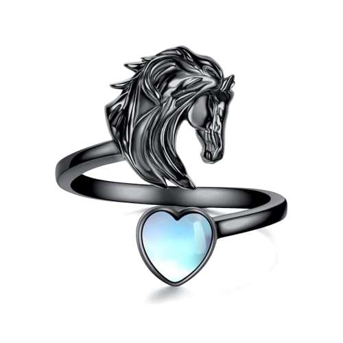 URONE Mondstein-Pferdering 925 Sterlingsilber Schwarz Pferdekopf Verstellbare Ringe Western-Tierschmuck für Damen von URONE