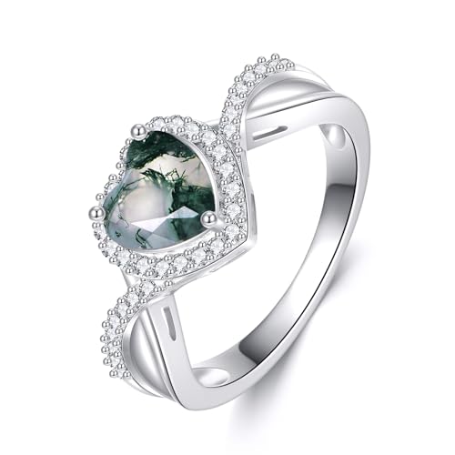 URONE Moosachat Ring 925er Sterling Silber Herz Moosachat Ringe für Frauen Versprechens Schmuck Geschenke #8 von URONE