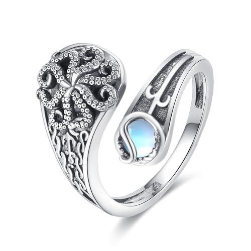 URONE Oktopus Ring 925 Sterlingsilber Oktopus Tentakel Mondstein Löffelringe Gothic Punk Ozean Schmuck für Damen Herren von URONE