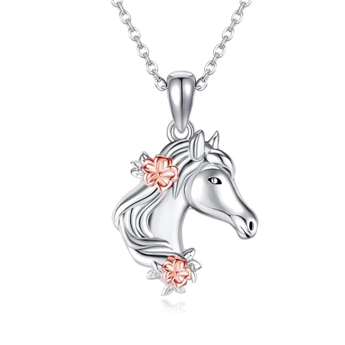 URONE Pferdehalskette Sterlingsilber Pferdekopf-Blumenanhänger Halskette Pferd Tierschmuck Geschenke für Frauen von URONE