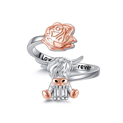 URONE Ring Mit Hochlandkuh 925er Sterlingsilber Hochlandkuh-Rose Verstellbar Süße Tier-Offenringe Kuh-Schmuck Geschenk Für Frauen von URONE
