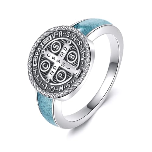 URONE Ring des Heiligen Benedikt 925 Sterling Silber Siegel Ring mit St. Benedikt Medaille Religiöser Schmuck Geschenke für Frauen und Männer #8 von URONE