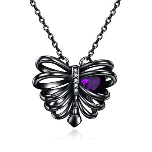 URONE Rippenkette aus Sterlingsilber Schwarzer Anhänger mit Violettem Herz Zirkonia Gotischer Totenkopf Brustkorbschmuck Geburtstagsgeschenk für Damen von URONE