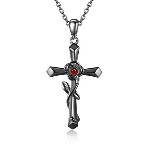 URONE Rose Kette Silber 925 Schwarz Rose Blume Kreuz Anhänger Rose Schmuck Kreuz Geschenke Hochzeitstag Geschenke für Frauen von URONE