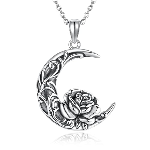 URONE Rosen Kette 925 Sterling Silber Mondsichel Blumenanhänger Geburtsblumenschmuck Muttertagsgeschenke Geburtstagsgeschenke für Frauen von URONE