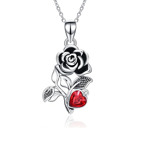 URONE Rosenblüten-Halskette Sterlingsilber Rosenblüten-Anhänger mit Kristallen aus Österreich Schwarzer Rosenschmuck Geschenke für Frauen von URONE