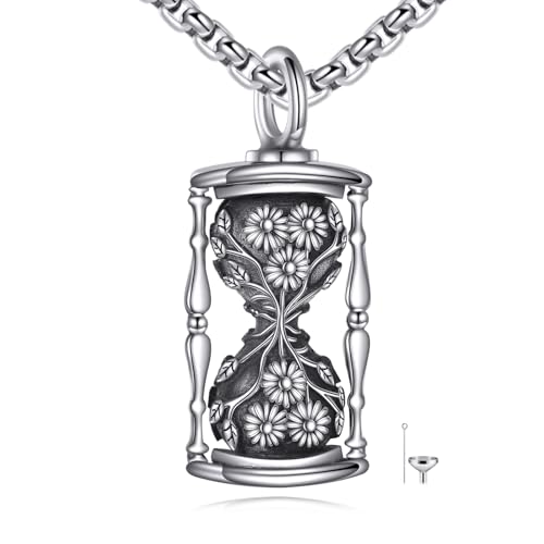 URONE Sanduhr Urnen Ktte Für Asche 925 Sterling Silber Sanduhr Mit Gänseblümchen Asche Anhänger Kremationsschmuck Gedenkgeschenke Für Geliebte Asche von URONE
