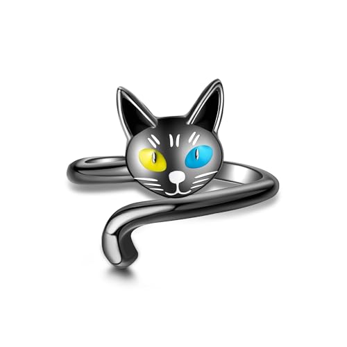URONE Schwarze Katze Ring 925 Sterling Silber katze Ringe Schwarze Katze Schmuck Geschenke für Damen-US Größe #8 von URONE