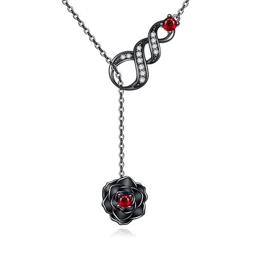 URONE Schwarze Rosenkette Aus Sterlingsilber Mit Roter Rose Und Infinity-Larait-Steg Und Lasso Langer Kettenanhänger Blumenschmuck Geschenk Für Damen von URONE