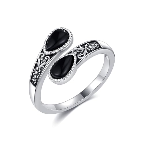 URONE Schwarzer Onyx Ring Silber 925 Daumen Ring Einstellbar Offene Ringe Viktorianischer Schmuck von URONE