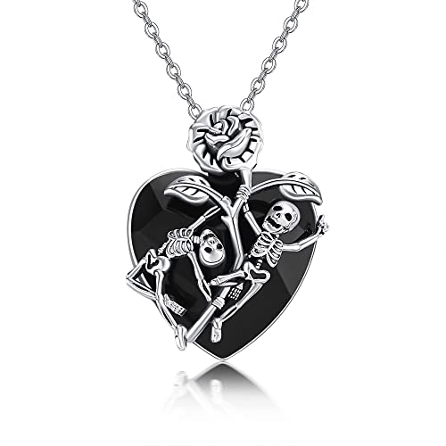 URONE Totenkopf Halskette 925 Sterling Silber Totenkopf Skelett Rose Anhänger mit Schwarzem Herz Kristall Gotik Totenkopf Schmuck Geschenke für Frauen Freundin von URONE