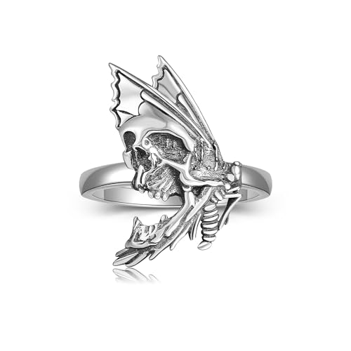 URONE Totenkopf-Motten-Ring Sterlingsilber Totenkopf-Motten-Ring Gothic-Motten-Schmuck Geschenke für Damen und Herren Größe 57 von URONE