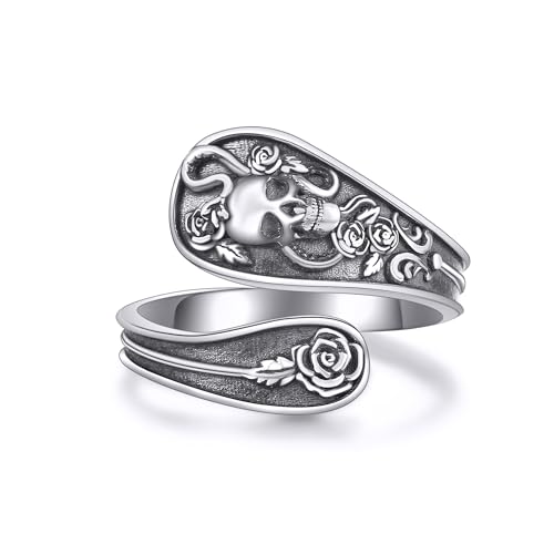URONE Totenkopf Schlange Löffelring 925 Sterlingsilber Skelett Rose Verstellbarer Daumenring Punkschmuck für Damen von URONE