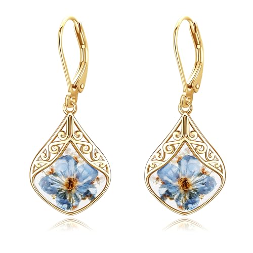 URONE Vergissmeinnicht Blumen Ohrringe Sterling Silber Blaue Blume Baumelnde Tropfen Ohrringe Filigraner Schmuck für Frauen(Golden Blumen) von URONE