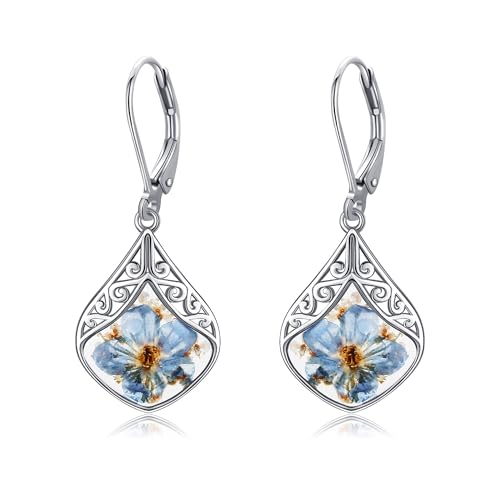 URONE Vergissmeinnicht Blumen Ohrringe Sterling Silber Blaue Blume Baumelnde Tropfen Ohrringe Filigraner Schmuck für Frauen von URONE