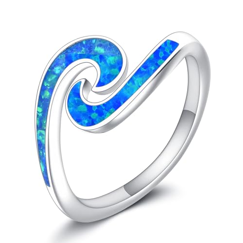 URONE Wave Ring 925 Sterling Silver Blue Opal Ocean Wave Rings Sea Beach Jewellery Gifts for Women #8 von URONE