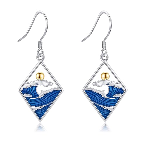 URONE Wellen Ohrringe 925er Sterlingsilber Blaue Wellen Und Sonnen Ohrringe Baumelnder Ozean Schmuck Geschenke Für Frauen von URONE