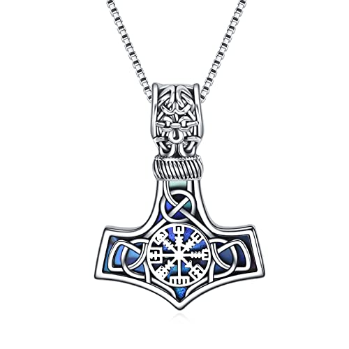 URONE Wikinger Thors Hammer Anhänger Halskette Sterling Silber Keltischer Knoten mit Abalone Muschel Mjölnir Nördlich Weihnachten Valentinstag Geburtstag Wikinger Kompass Schmuck Geschenk für Männer von URONE