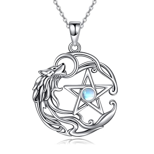 URONE Wolf Halskette Sterling Silber Keltischer Wolf Pentagramm Mondstein Anhänger Wikinger Schmuck Geschenke für Damen Herren von URONE