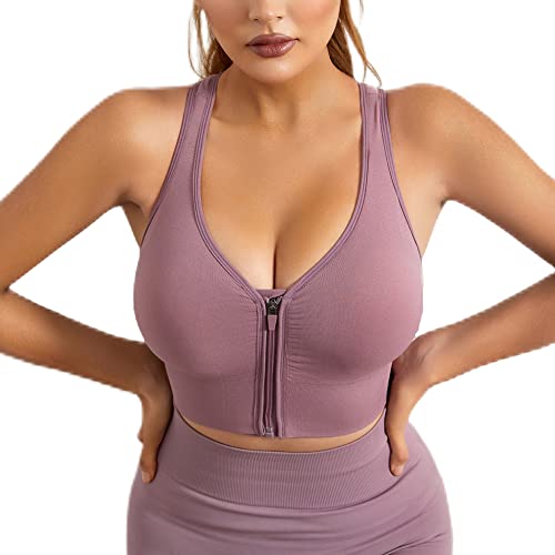 URPLITY Damen-Sport-BH mit Reißverschluss vorne, Übergröße, Yoga-BHs für Mädchen, Komfort, Fitnessstudio, Push-Up-Bralettes, violett, Large von URPLITY