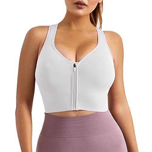 URPLITY Sport-BHs für Damen, mit Reißverschluss vorne, für Yoga, Laufen, Tank-Top, Racerback, mit herausnehmbaren Polstern für Workout, Fitness, weiß, XS von URPLITY