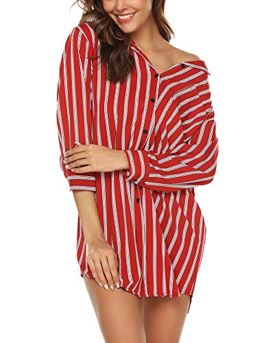 URRU Damen 3/4-Ärmel Pyjama Top Knopfleiste Gestreiftes Schlafhemd Kleid S-XXL, Weinrot, Medium von URRU