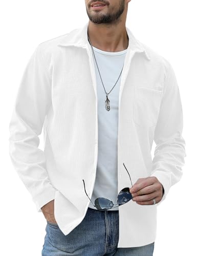 URRU Herren Cordhemd Knopfleiste Waffel Casual Langarm Shacket Jacken mit Tasche, Weiss/opulenter Garten, Mittel von URRU