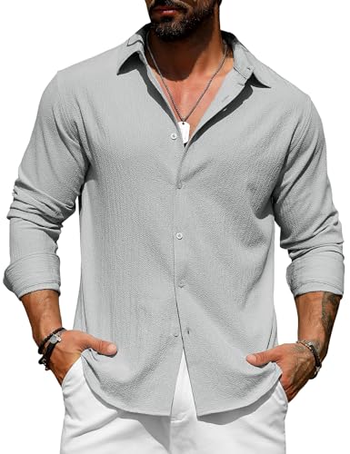 URRU Herren Freizeithemd Langarm knitterfrei Seersucker Button Down Kleid Hemd für Männer Sommer Strand Hochzeit Hemd, GRAU, L von URRU