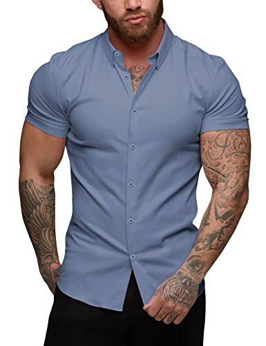 URRU Herren Hemd Kurzarm Muskel Fit Freizeithemden Bügelleichte Business Hemd Herrenhemden Sommerhemd, Denim-Blau, XXL von URRU