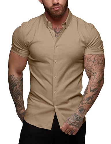URRU Herren Hemd Kurzarm Muskel Fit Freizeithemden Bügelleichte Business Hemd Herrenhemden Sommerhemd, Kaffee, L von URRU