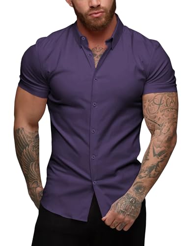 URRU Herren Hemd Kurzarm Muskel Fit Freizeithemden Bügelleichte Business Hemd Herrenhemden Sommerhemd, Violett, XL von URRU