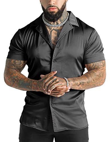 URRU Herren Luxus Glänzend Seide Like Satin Kleid Hemd Cuban Kragen Kurzarm Casual Slim Fit Muscle Button Up Shirts, Schwarz, XX-Large von URRU