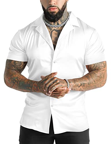URRU Herren Luxus Glänzend Seide Like Satin Kleid Hemd Cuban Kragen Kurzarm Casual Slim Fit Muscle Button Up Shirts, Weiss/opulenter Garten, XX-Large von URRU