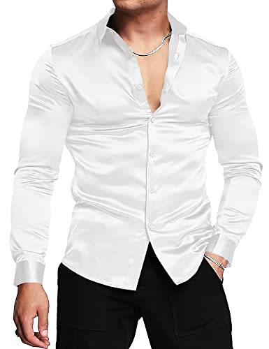 URRU Herren Luxus Glänzend Seide Like Satin Kleid Hemd Langarm Casual Slim Fit Muscle Button Up Shirts, Weiß, X-Groß von URRU