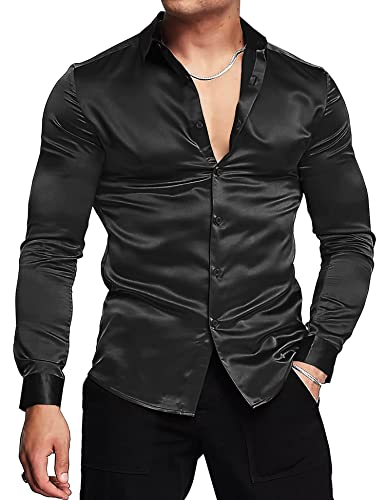 URRU Herren Luxus Glänzend Seide Like Satin Kleid Hemd Langarm Casual Slim Fit Muscle Button Up Shirts, schwarz, Klein von URRU