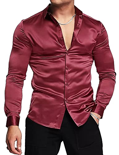 URRU Herren Luxus Glänzende Seide wie Satin Langarm Hemd Casual Slim Fit Muskel Button Up Hemden Weinrot L von URRU