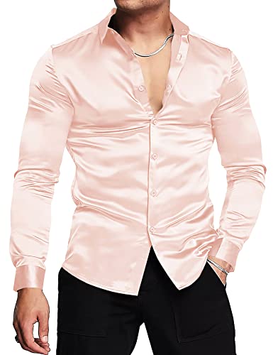 URRU Herren Luxus Glänzende Seide wie Satin Langarm Hemd Casual Slim Fit Muskel Button Up Hemden Hell orange XXL von URRU