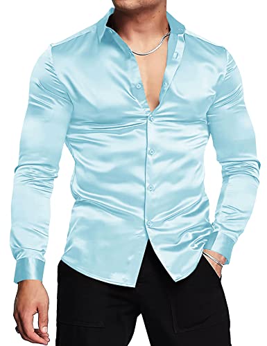 URRU Herren Luxus Glänzende Seide wie Satin Langarm Hemd Casual Slim Fit Muskel Button Up Hemden Hellblau XXL von URRU