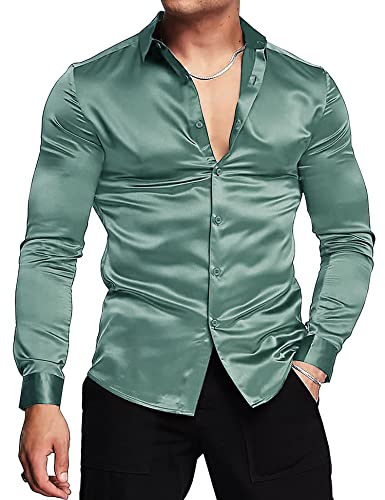 URRU Herren Luxus Glänzende Seide wie Satin Langarm Hemd Casual Slim Fit Muskel Button Up Hemden Hellgrün XL von URRU