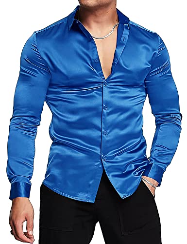 URRU Herren Luxus Glänzende Seide wie Satin Langarm Hemd Casual Slim Fit Muskel Button Up Hemden Königsblau XXL von URRU